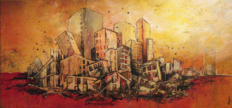 catastrophe, villes en ruines, tache, peintures